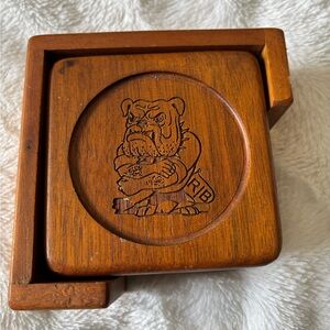 Set of four wood bulldog coasters in holder